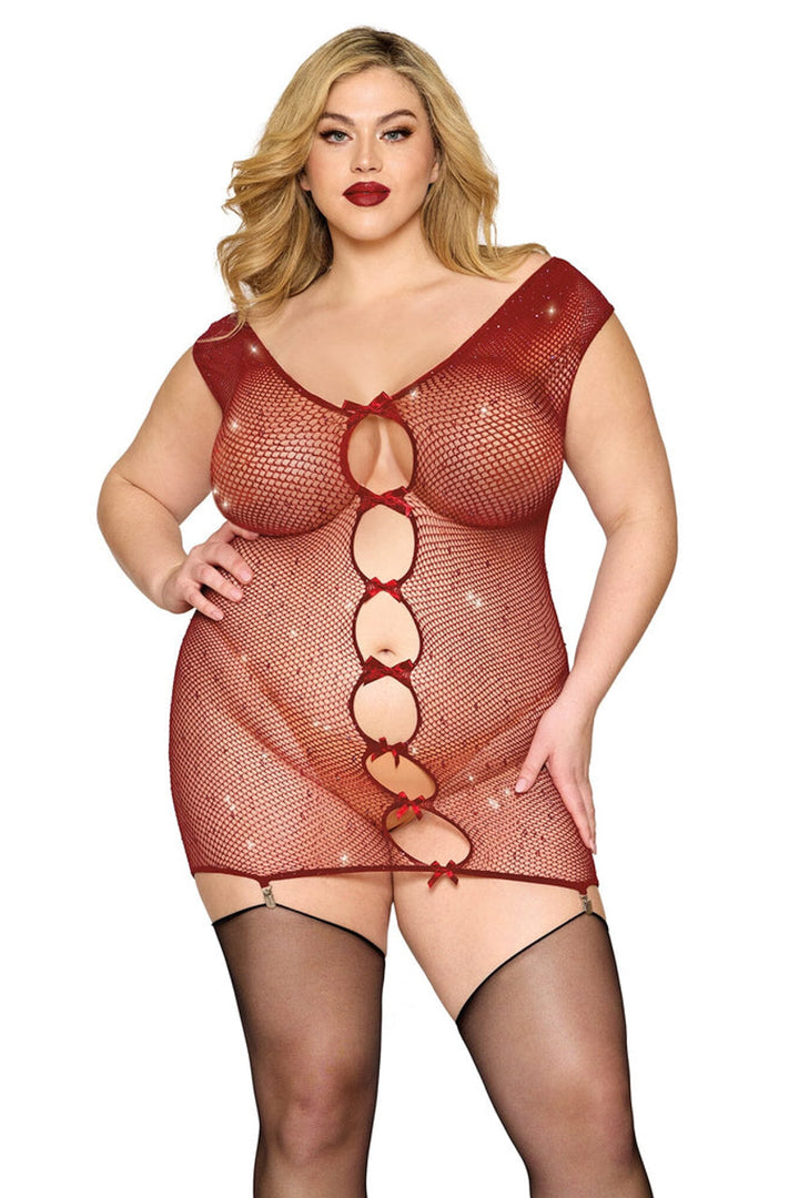 Plus Size Burgundy Glitter Net Chemise