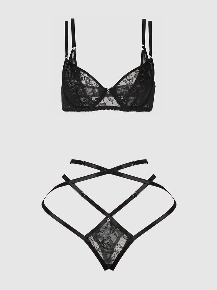 FLORA LACE BRA &amp; STRAPPY THONG SET