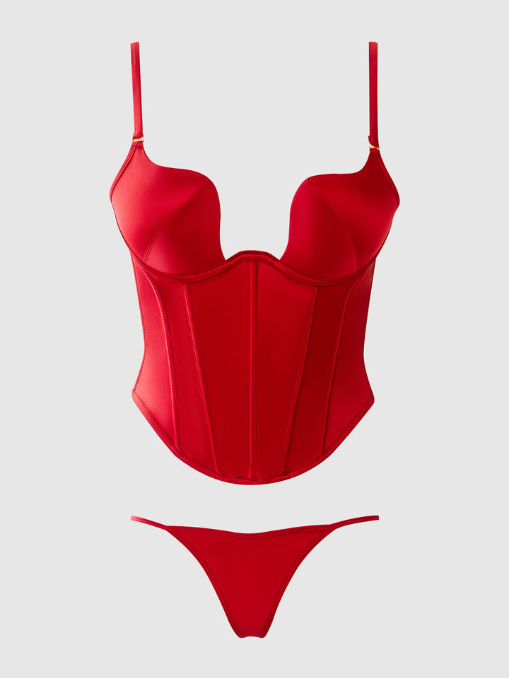 BRIGETA SATIN PLUNGE PUSH UP BUSTIER &amp; G-STRING SET