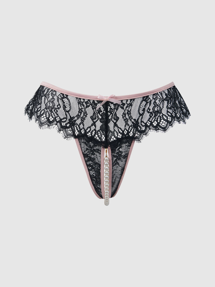 JOCELYN LACE &amp; PEARL CROTCHLESS THONG