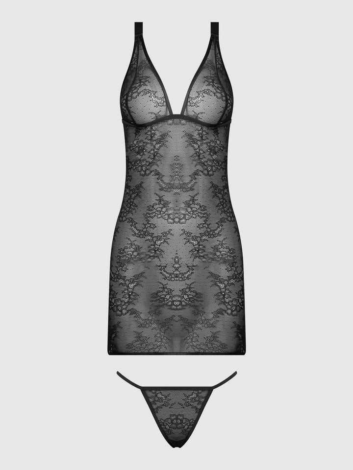 KIKI LACE STRAPPY &amp; BACKLESS CHEMISE &amp; G-STRING SET