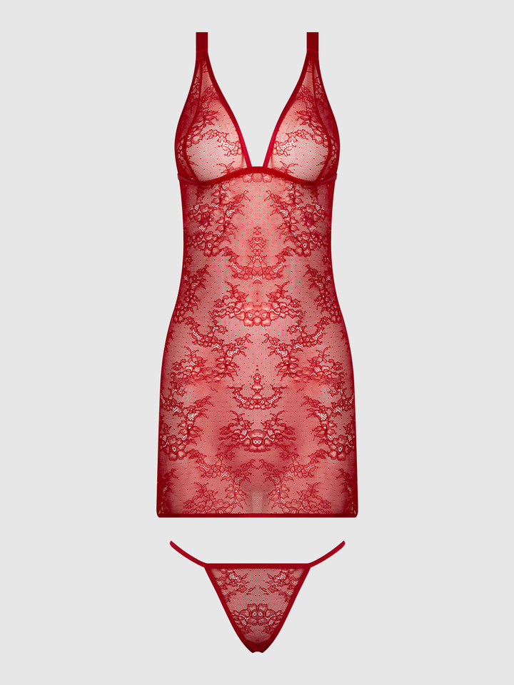 KIKI LACE STRAPPY &amp; BACKLESS CHEMISE &amp; G-STRING SET