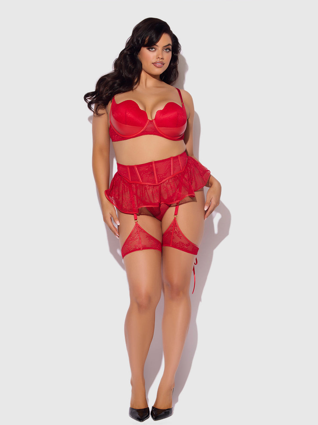 KIKI LACE &amp; FAUX LEATHER SKIRTED GARTER BELT