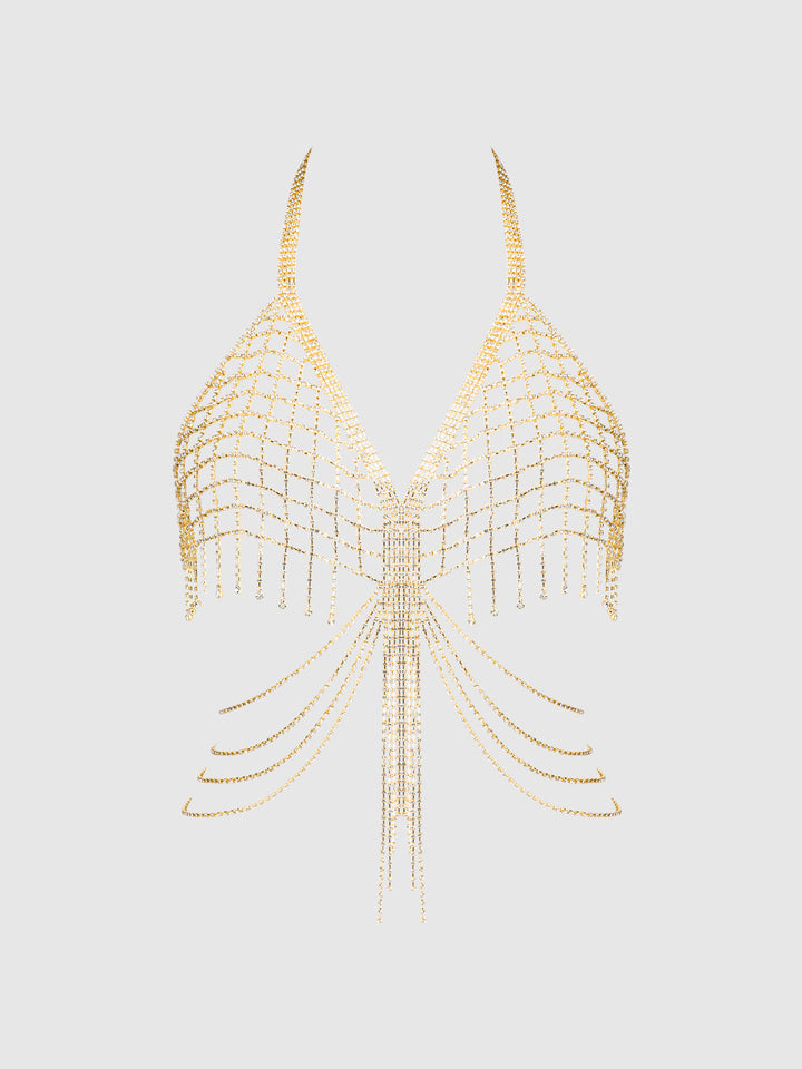 RHINESTONE NET &amp; FRINGE HALTER BRALETTE