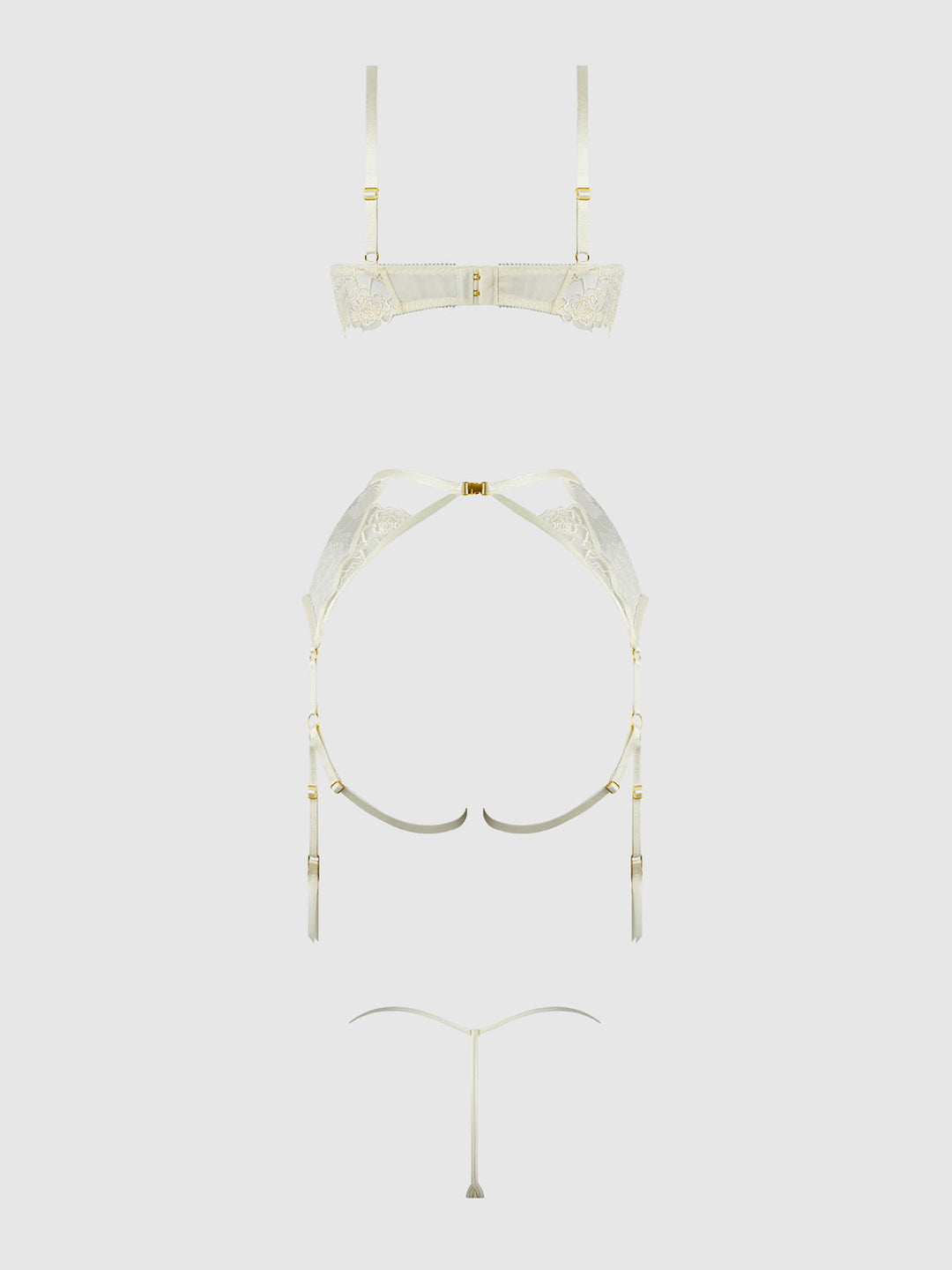 ROSALIE EMBROIDERED LACE OPEN-CUP BRA, GARTER &amp; G-STRING SET