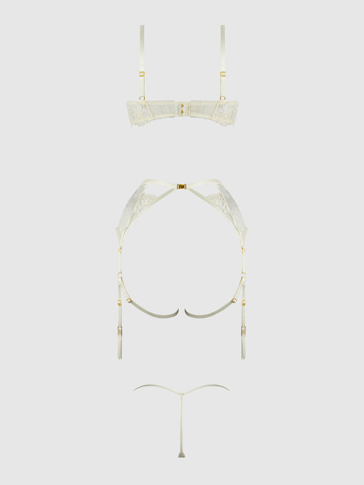 ROSALIE EMBROIDERED LACE OPEN-CUP BRA, GARTER &amp; G-STRING SET