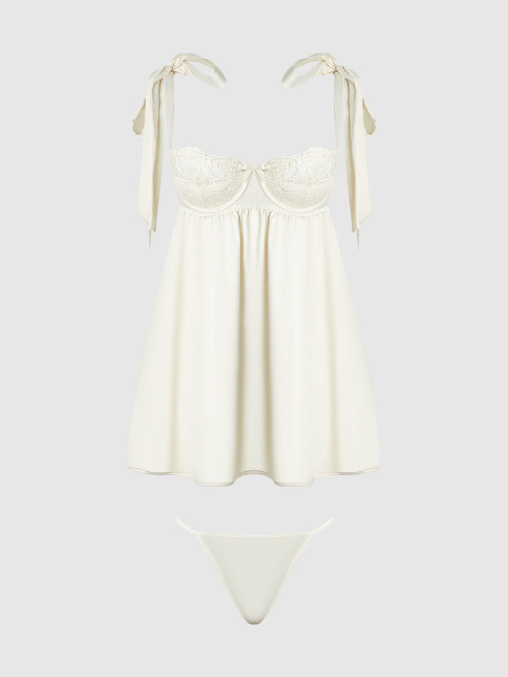 ROSALIE SATIN &amp; EMBROIDERED LACE BABYDOLL &amp; G-STRING SET