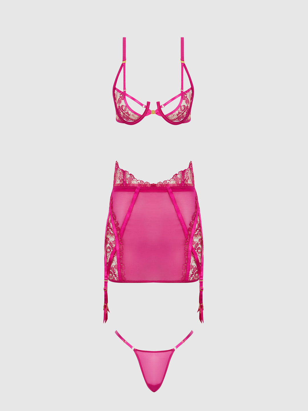 NOVA BLACKLIGHT LACE BRA, SKIRT &amp; G-STRING SET