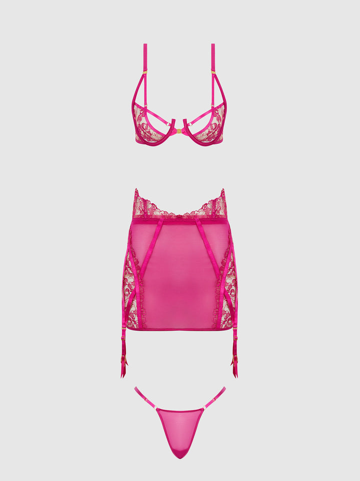 NOVA BLACKLIGHT LACE BRA, SKIRT &amp; G-STRING SET