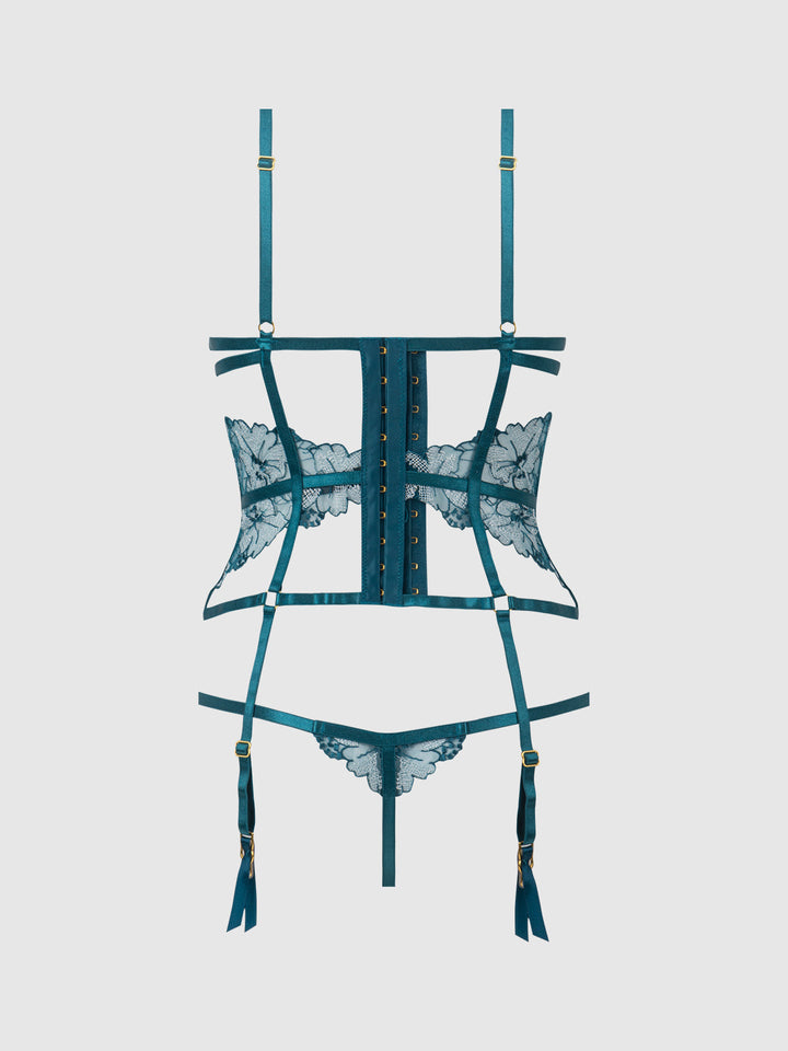 NOVA BLACKLIGHT LACE CORSET &amp; CROTCHLESS G-STRING SET
