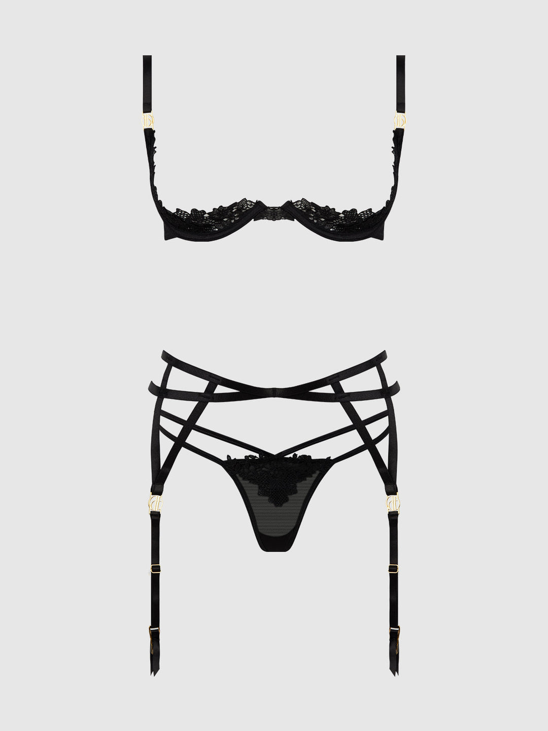 ASHLEY ALEXISS LACE OPEN CUP BRA, G-STRING &amp; GARTER SET