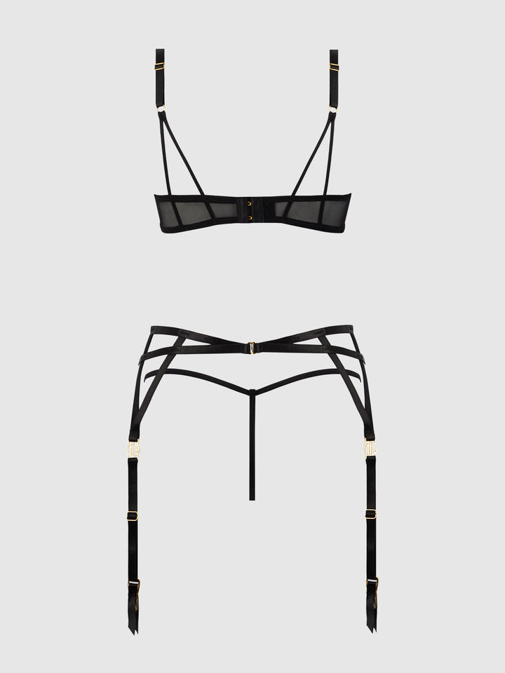 ASHLEY ALEXISS LACE OPEN CUP BRA, G-STRING &amp; GARTER SET
