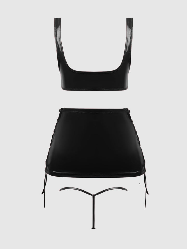 TRINITY PATENT LACE UP BRALETTE, SKIRT &amp; G-STRING SET