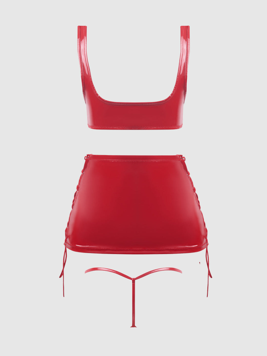 TRINITY PATENT LACE UP BRALETTE, SKIRT &amp; G-STRING SET