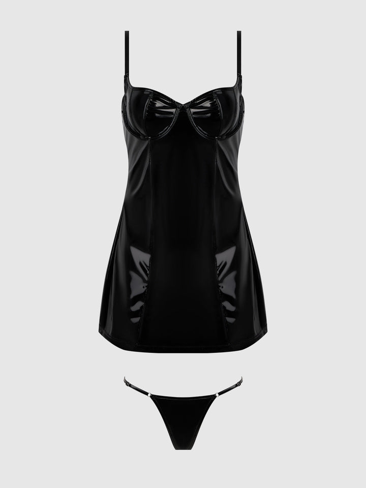 TRINITY PATENT CHEMISE &amp; G-STRING SET