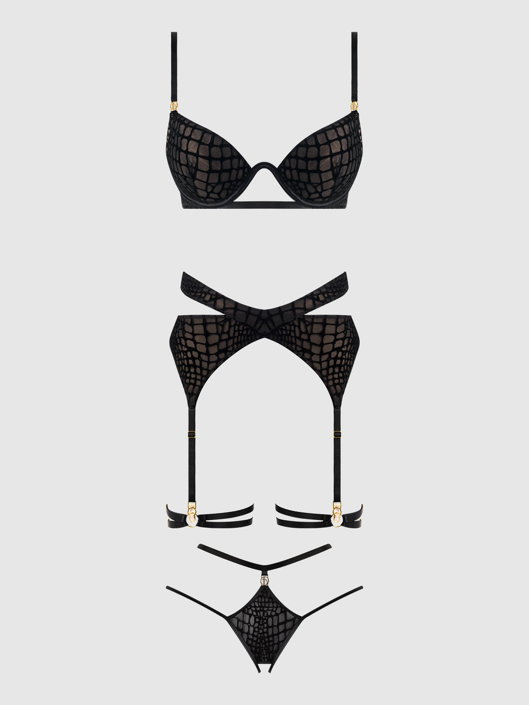 SNAKE VELVET-BURNOUT MESH BRA, GARTER, &amp; BACKESS HIPSTER SET