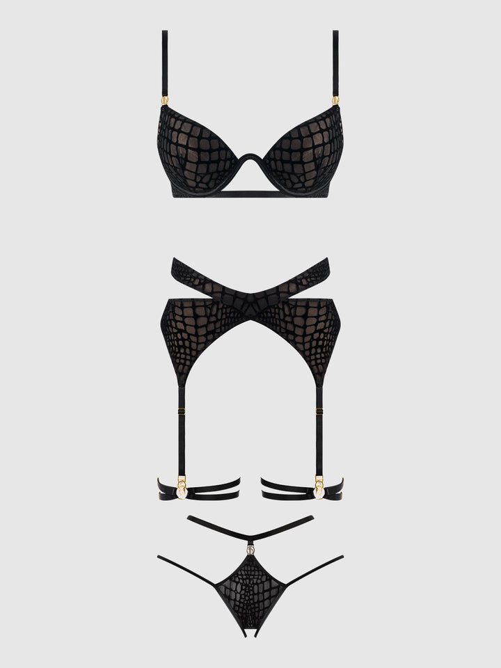 SNAKE VELVET-BURNOUT MESH BRA, GARTER, &amp; BACKESS HIPSTER SET