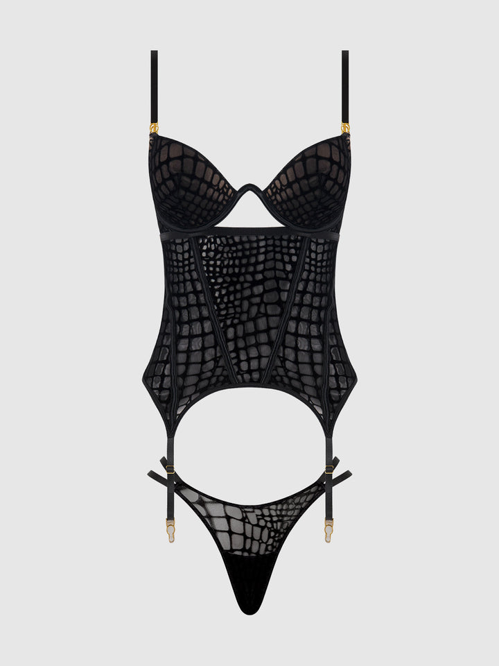 SNAKE VELVET-BURNOUT MESH BUSTIER &amp; THONG SET
