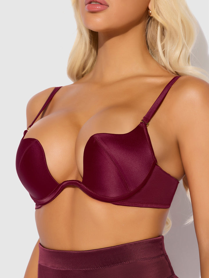 BRIGETA SATIN DEEP PLUNGE PUSH UP BRA, GARTER &amp; THONG SET
