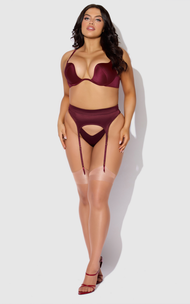 BRIGETA SATIN DEEP PLUNGE PUSH UP BRA, GARTER &amp; THONG SET