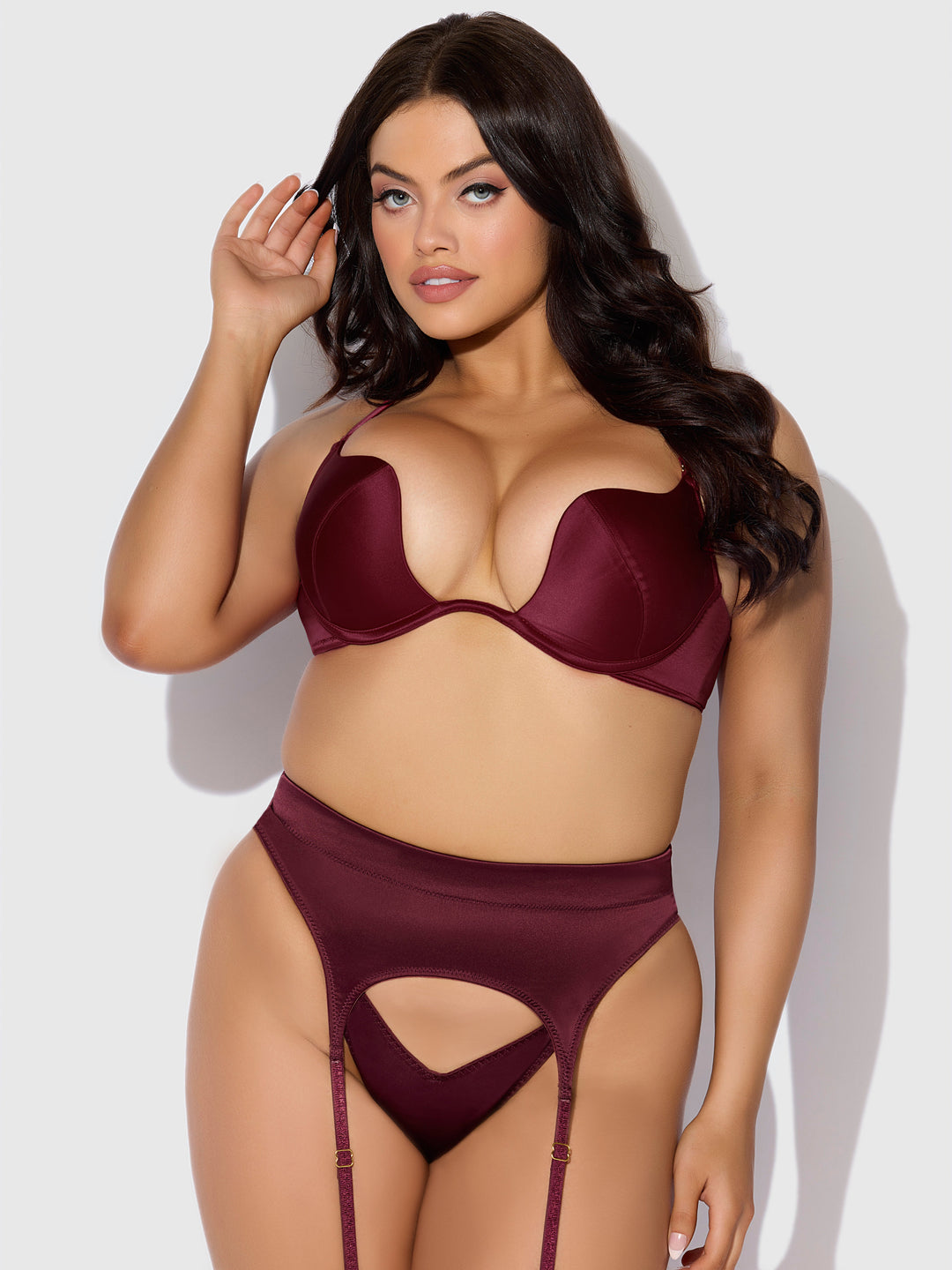 BRIGETA SATIN DEEP PLUNGE PUSH UP BRA, GARTER &amp; THONG SET