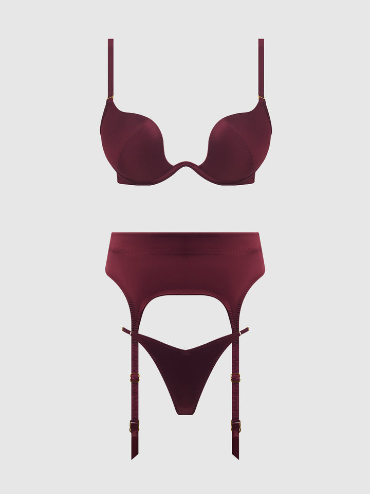BRIGETA SATIN DEEP PLUNGE PUSH UP BRA, GARTER &amp; THONG SET