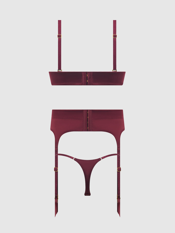BRIGETA SATIN DEEP PLUNGE PUSH UP BRA, GARTER &amp; THONG SET