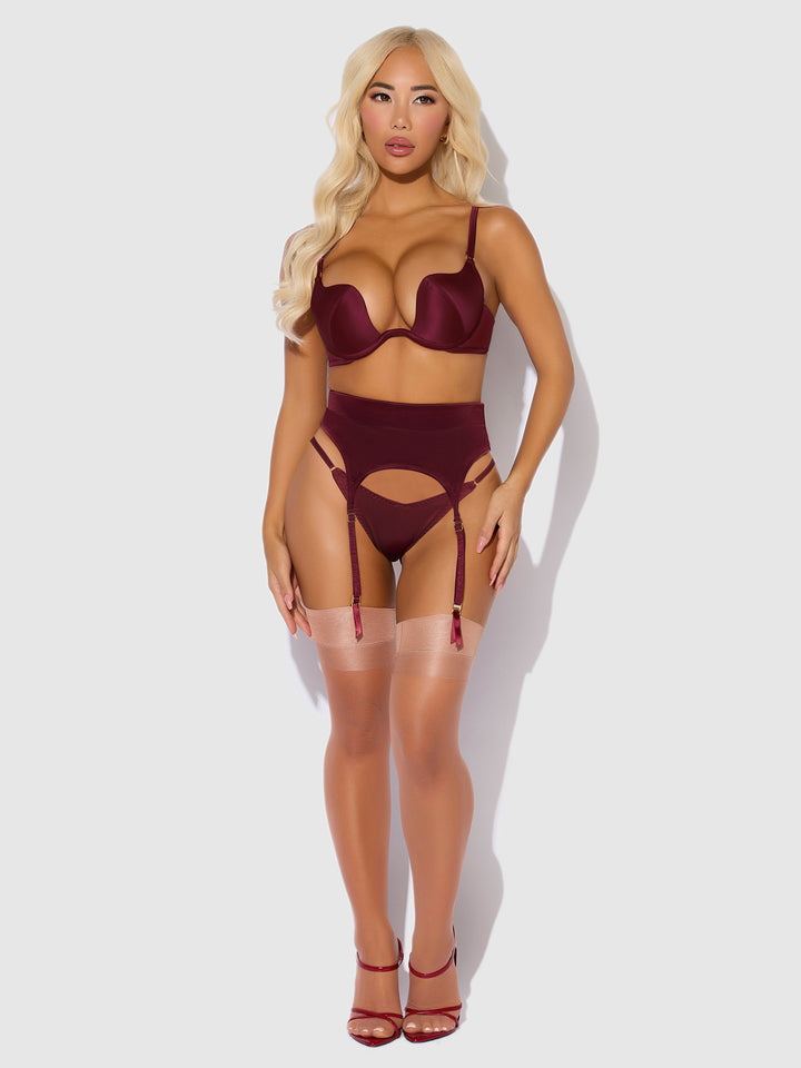 BRIGETA SATIN DEEP PLUNGE PUSH UP BRA, GARTER &amp; THONG SET
