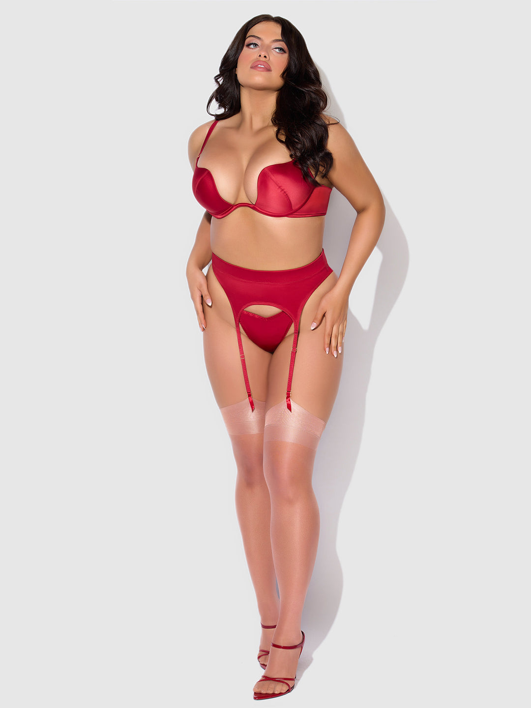 BRIGETA SATIN DEEP PLUNGE PUSH UP BRA, GARTER &amp; THONG SET