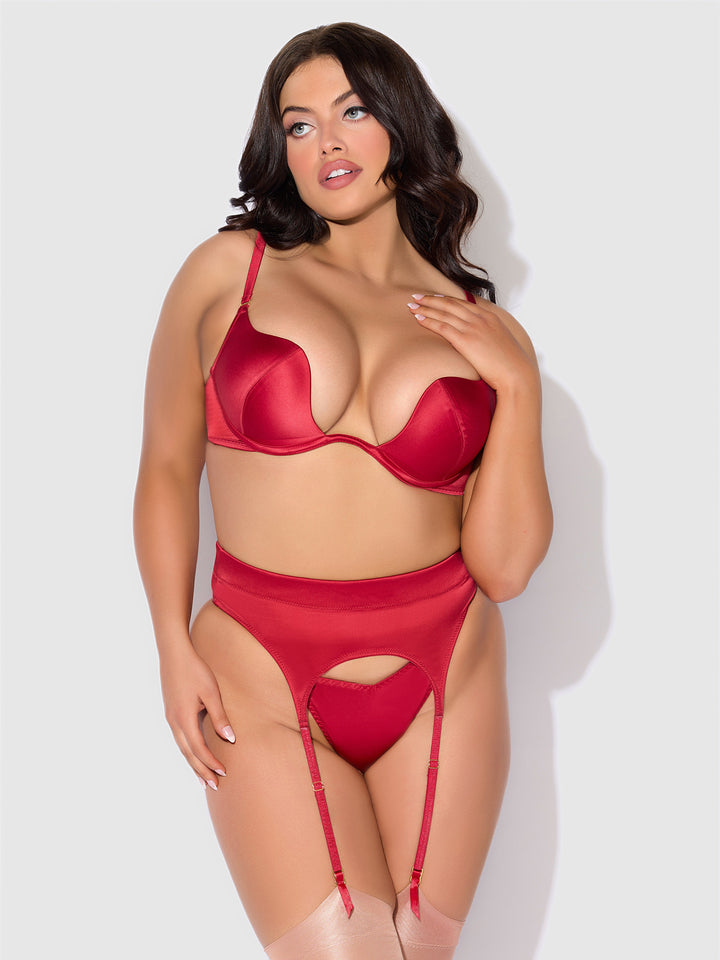 BRIGETA SATIN DEEP PLUNGE PUSH UP BRA, GARTER &amp; THONG SET