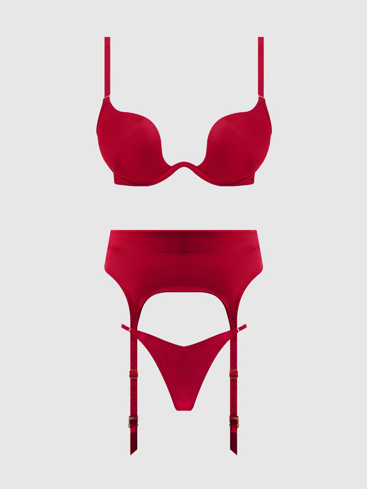 BRIGETA SATIN DEEP PLUNGE PUSH UP BRA, GARTER &amp; THONG SET