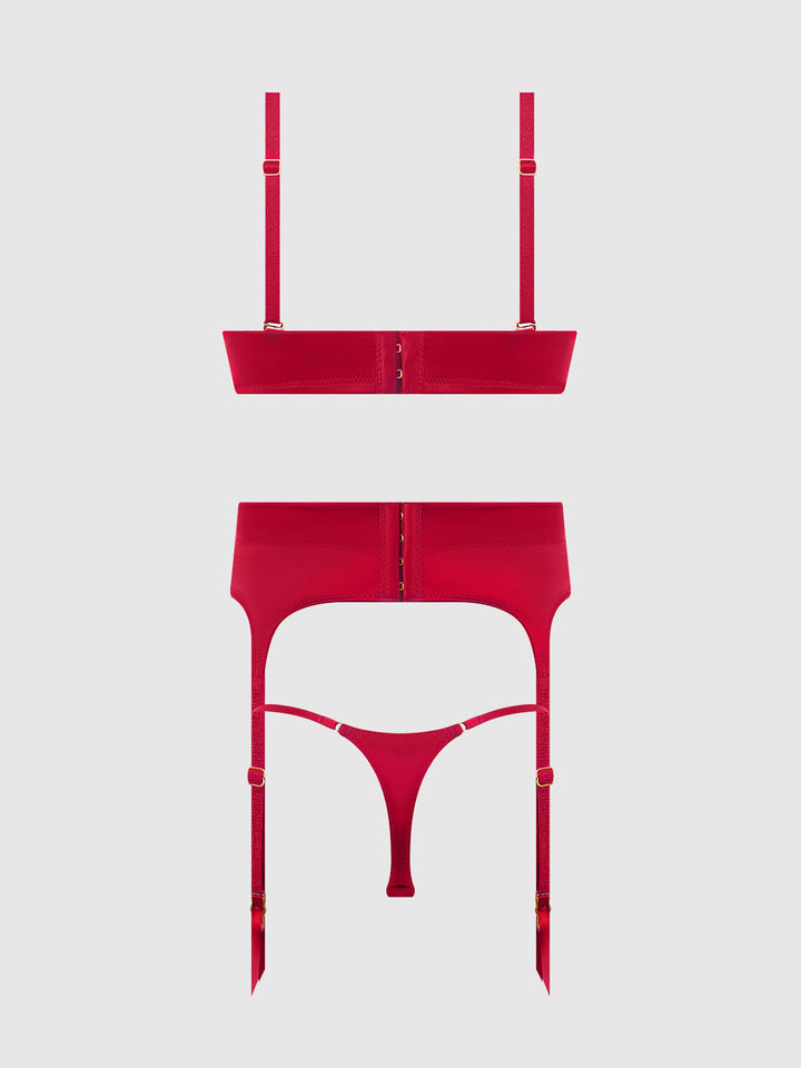 BRIGETA SATIN DEEP PLUNGE PUSH UP BRA, GARTER &amp; THONG SET