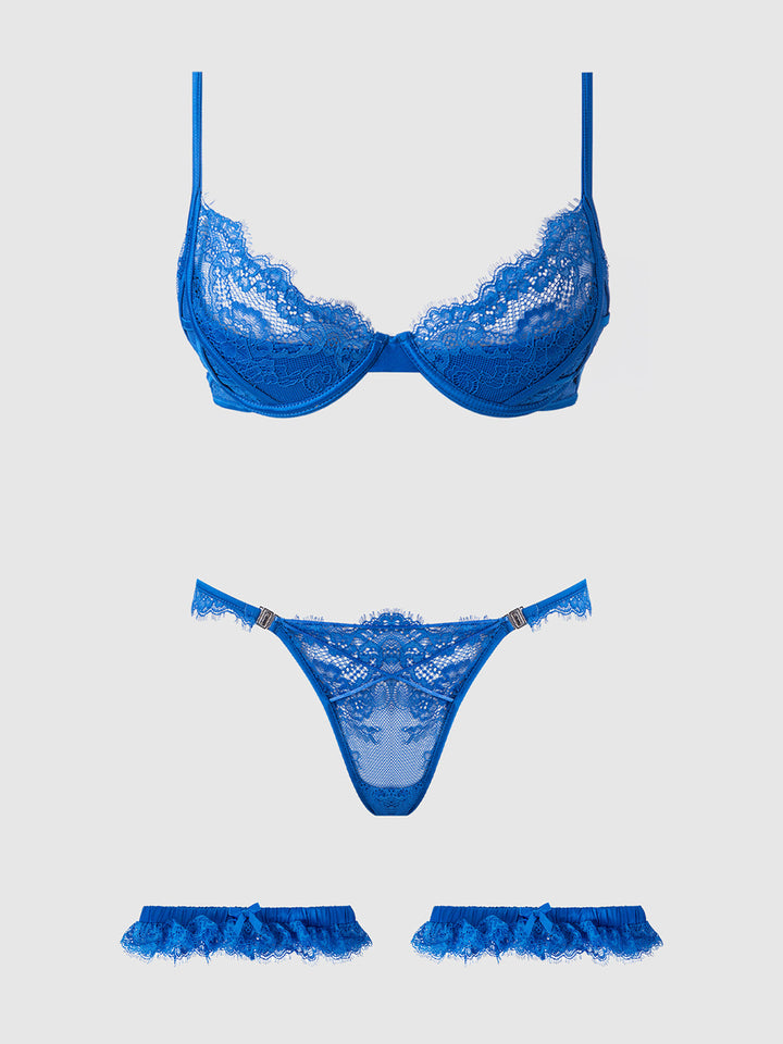 MADELINE SATIN &amp; LACE PUSH UP BRA, BIKINI &amp; THIGH GARTERS SET