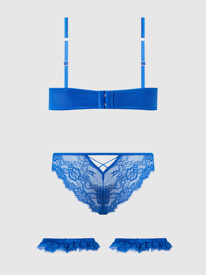 MADELINE SATIN &amp; LACE PUSH UP BRA, BIKINI &amp; THIGH GARTERS SET