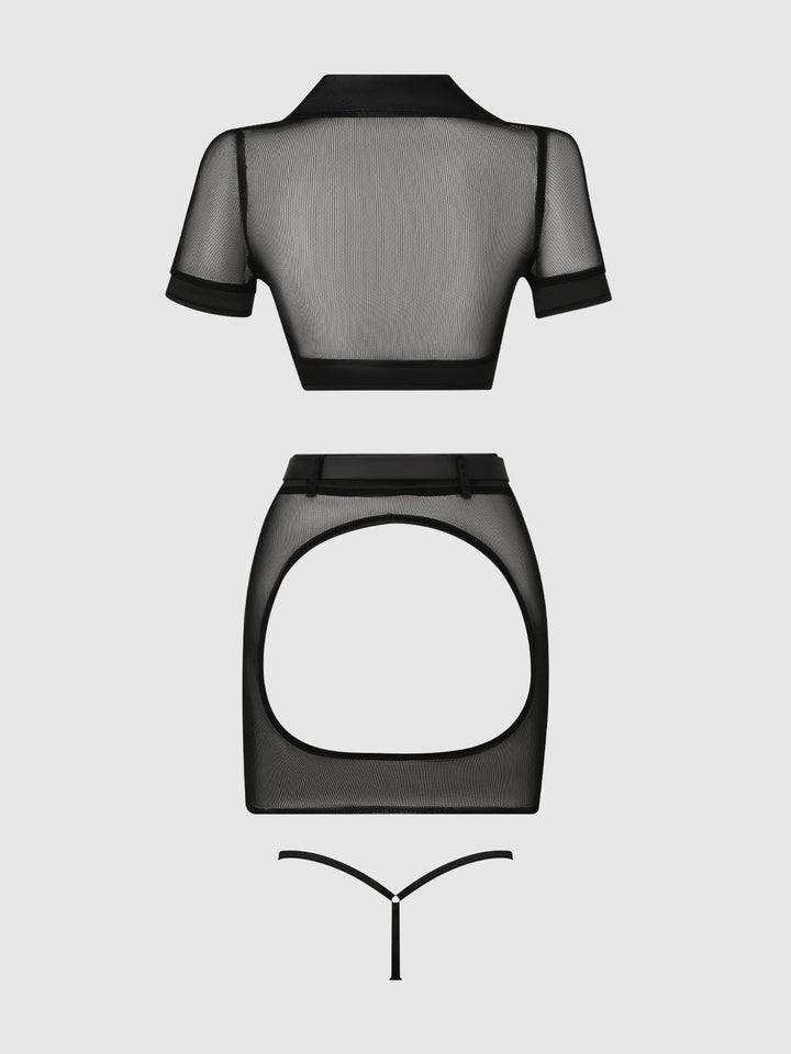 UNDER ARREST MESH TOP, OPEN BACK SKIRT, &amp; CUFFS SET