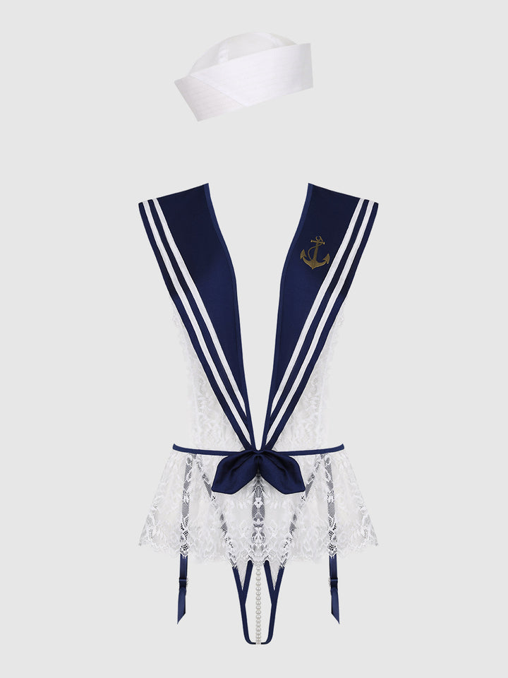 HIGH TIED SAILOR CROTCHLESS TEDDY WITH HAT