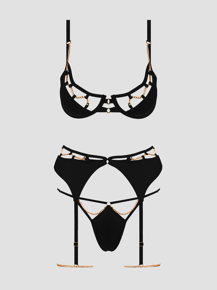 EVANGELINE SATIN &amp; CHAIN BRA, THIGH GARTER &amp; G-STRING SET