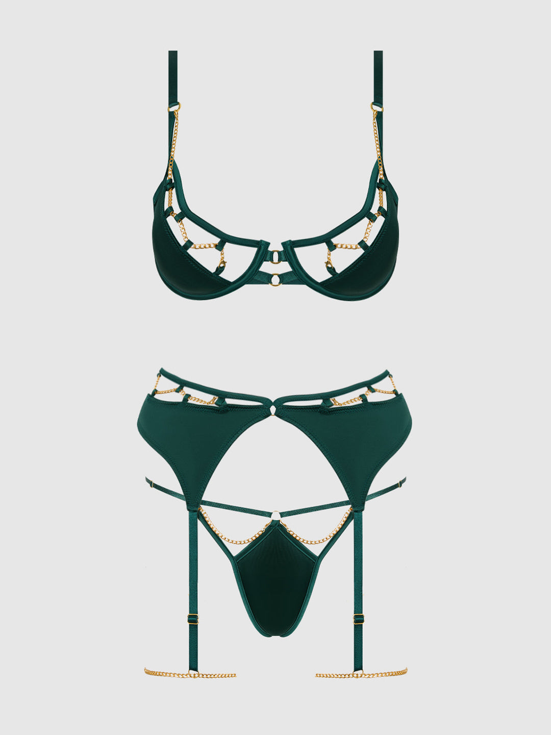 EVANGELINE SATIN &amp; CHAIN BRA, THIGH GARTER &amp; G-STRING SET
