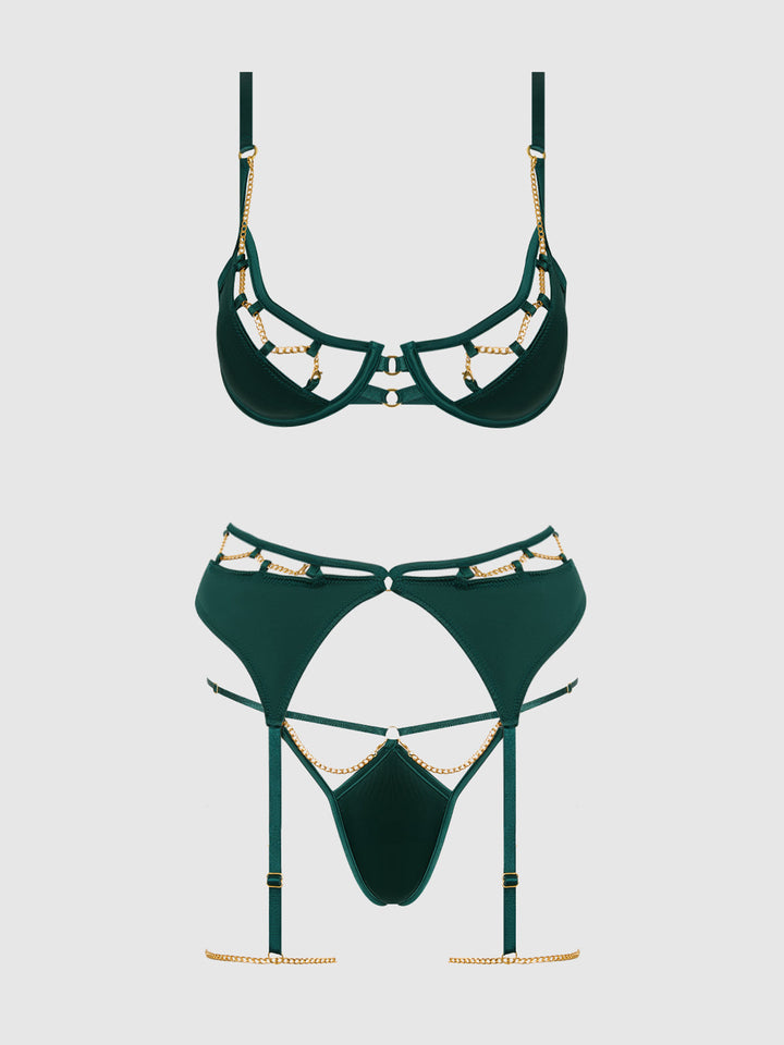 EVANGELINE SATIN &amp; CHAIN BRA, THIGH GARTER &amp; G-STRING SET