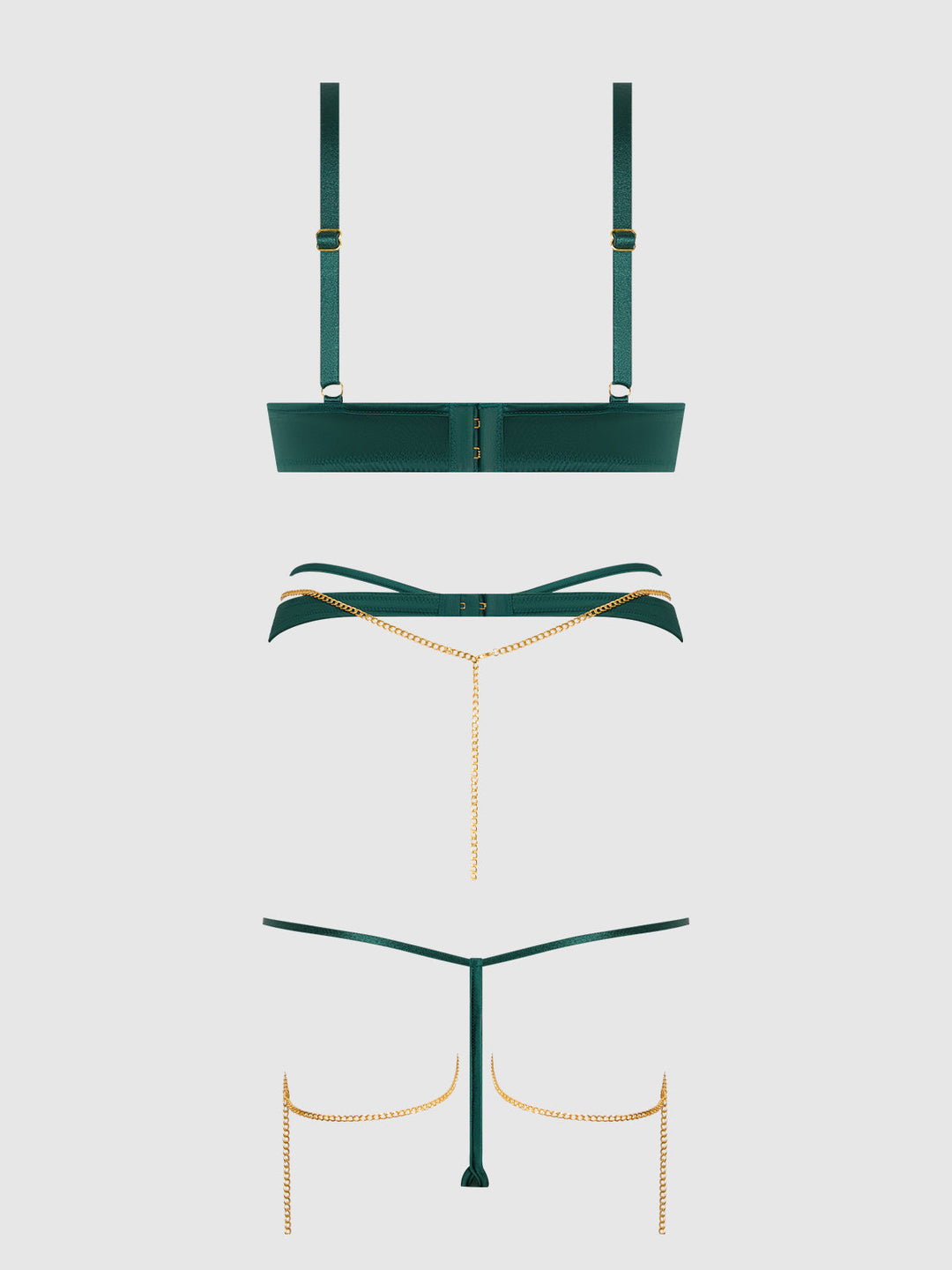 EVANGELINE SATIN &amp; CHAIN BRA, THIGH GARTER &amp; G-STRING SET