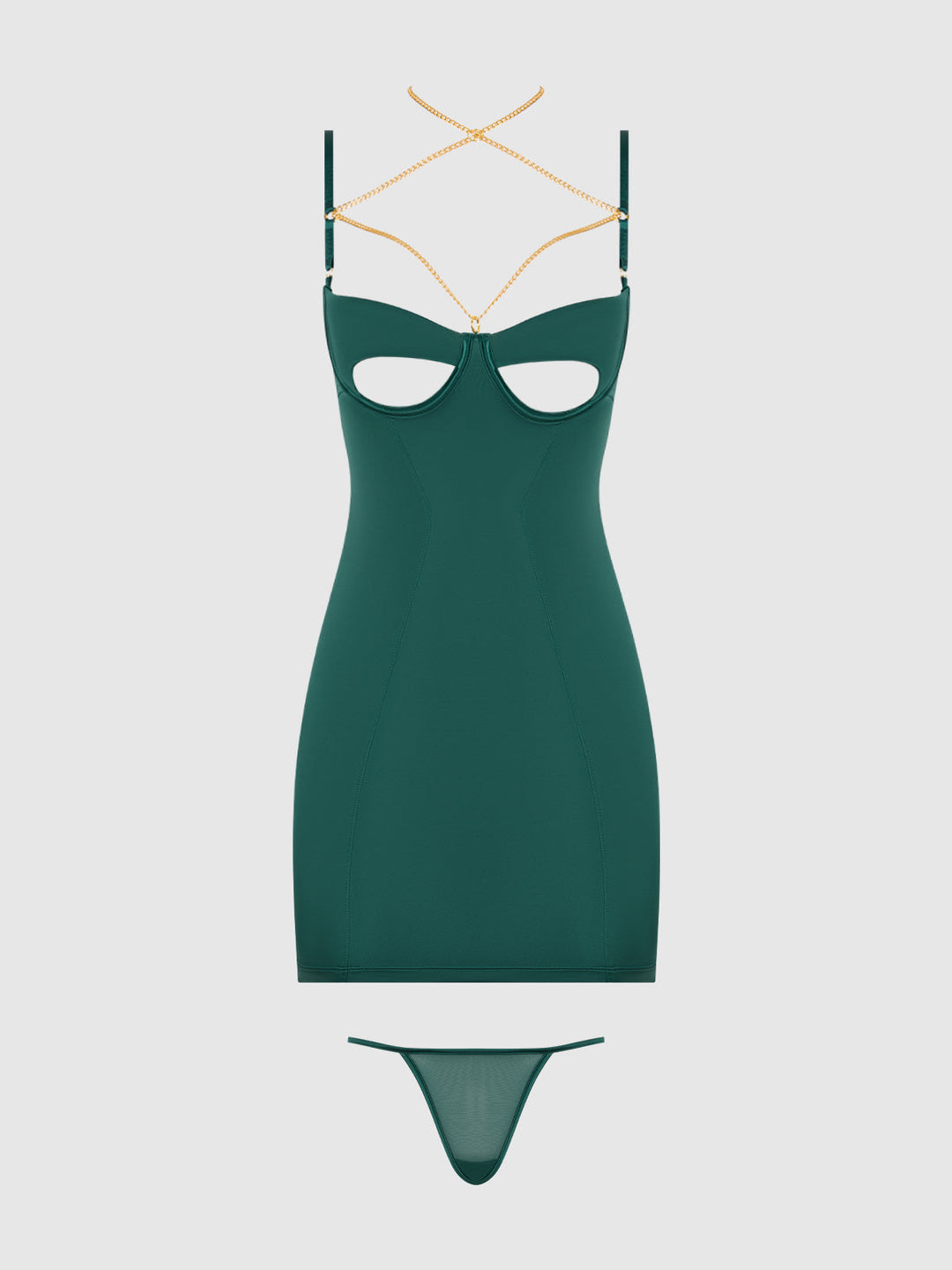 EVANGELINE SATIN &amp; CHAIN CUTOUT CUP &amp; OPEN BACK CHEMISE SET
