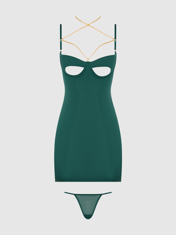 EVANGELINE SATIN &amp; CHAIN CUTOUT CUP &amp; OPEN BACK CHEMISE SET