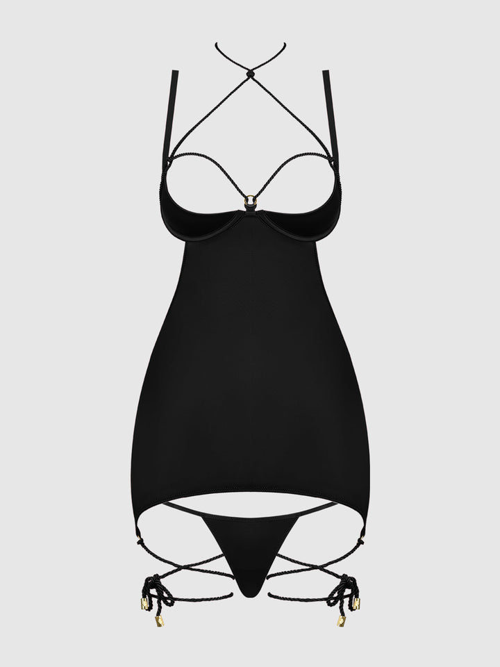 IRYNA SILKY MICRO &amp; ROPE OPEN BACK CHEMISE &amp; G-STRING SET