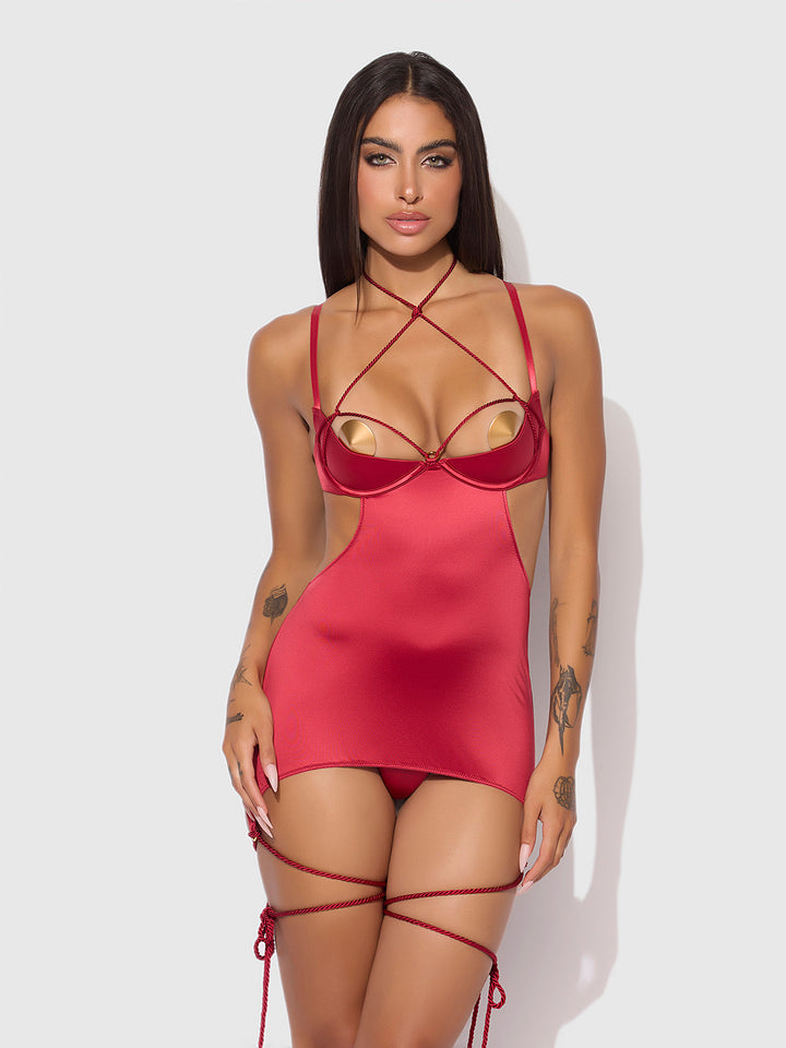 IRYNA SILKY MICRO &amp; ROPE OPEN BACK CHEMISE &amp; G-STRING SET