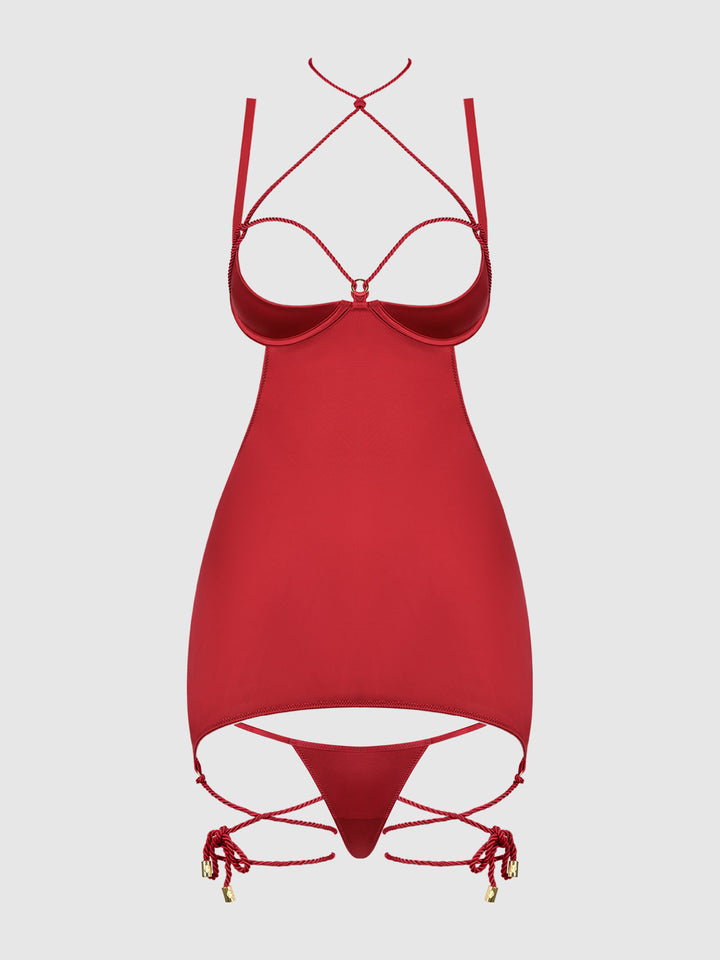 IRYNA SILKY MICRO &amp; ROPE OPEN BACK CHEMISE &amp; G-STRING SET
