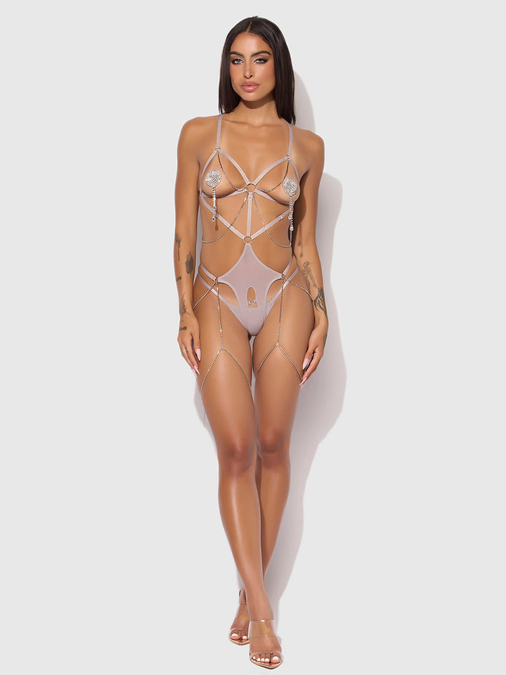 PRESLEY SHINE MESH OPEN CUP &amp; CROTCHLESS RHINESTONE TEDDY