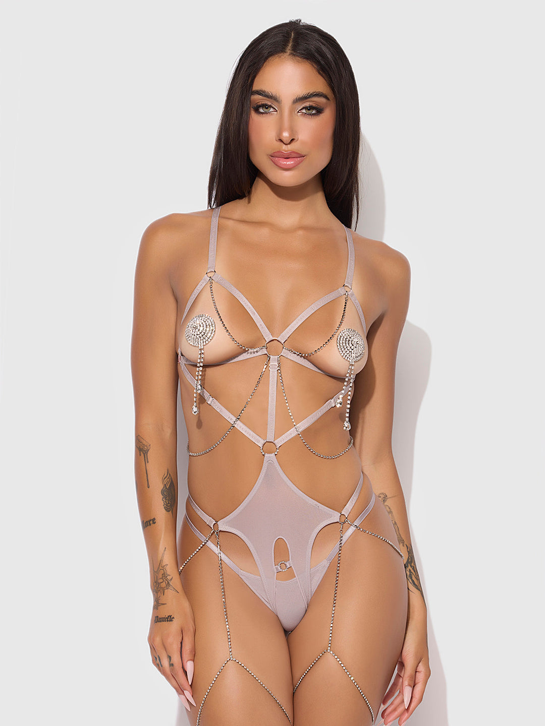 PRESLEY SHINE MESH OPEN CUP &amp; CROTCHLESS RHINESTONE TEDDY
