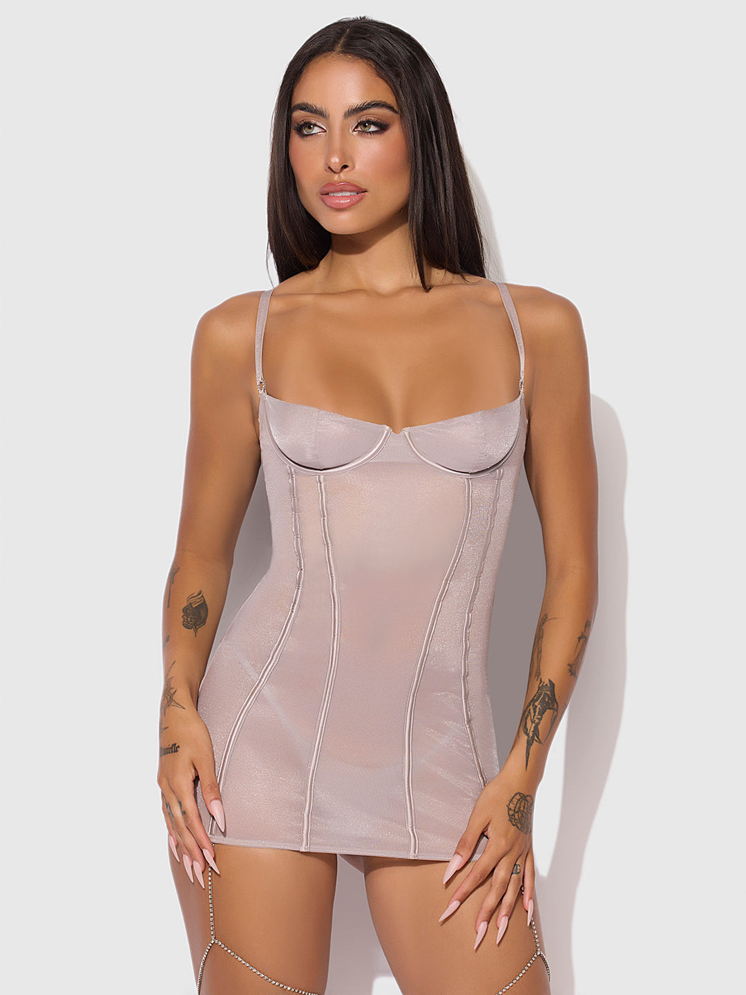 PRESLEY SHINE MESH &amp; RHINESTONE CHEMISE &amp; G-STRING SET