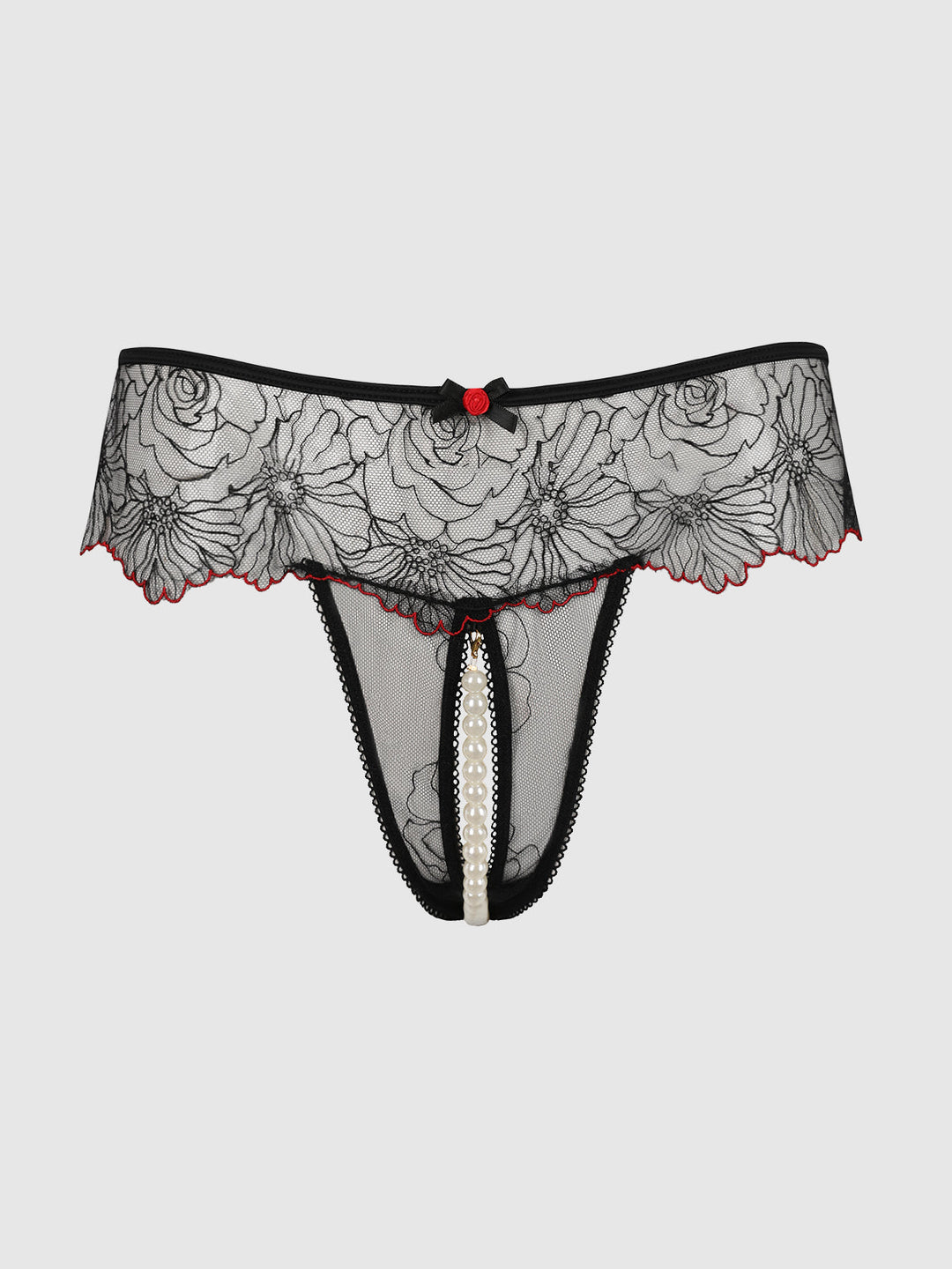 ILENA EMBROIDERED TULLE &amp; PEARL CROTCHLESS THONG
