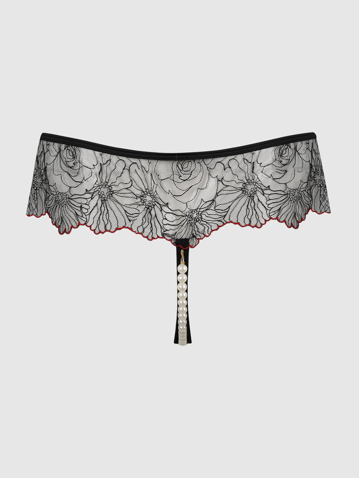 ILENA EMBROIDERED TULLE &amp; PEARL CROTCHLESS THONG